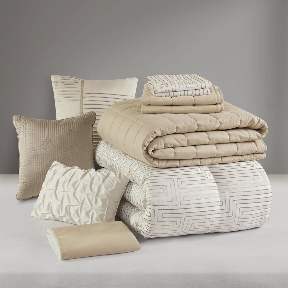 Royce 10 Piece Luxury Jacquard Comforter Set, Ivory color. Picture 3
