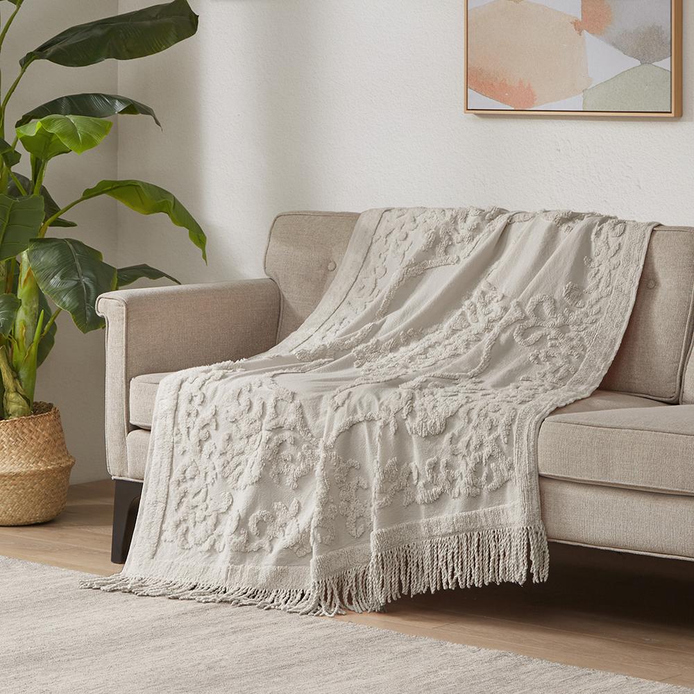 100% Cotton Tufted Chenille Lightweight Throw With Fringe Tassel 50" x 60". Picture 4