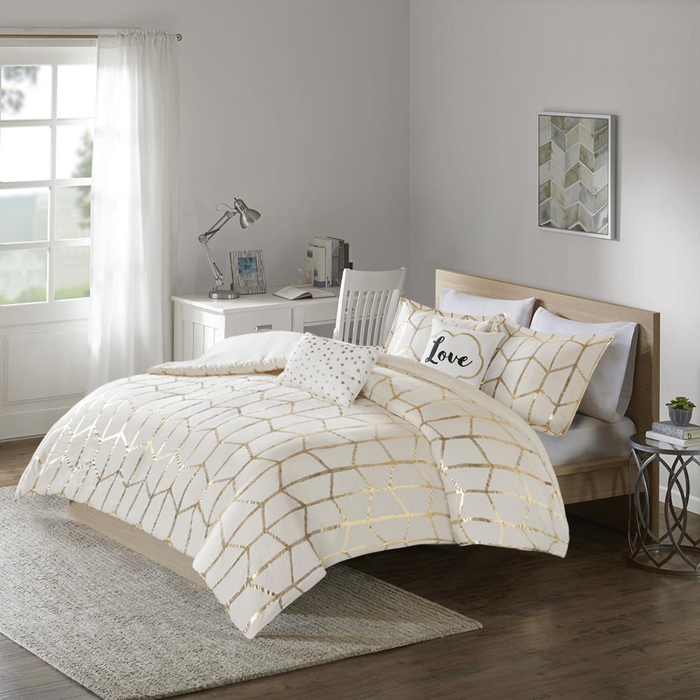 Raina Metallic Printed Duvet Cover Set, Ivory/Gold color. Picture 4