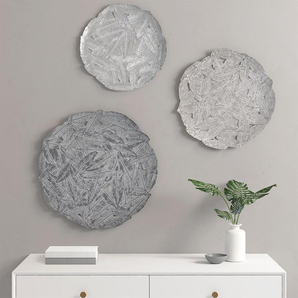 Textured Feather 3-piece Metal Disc Wall Decor Set. Picture 1