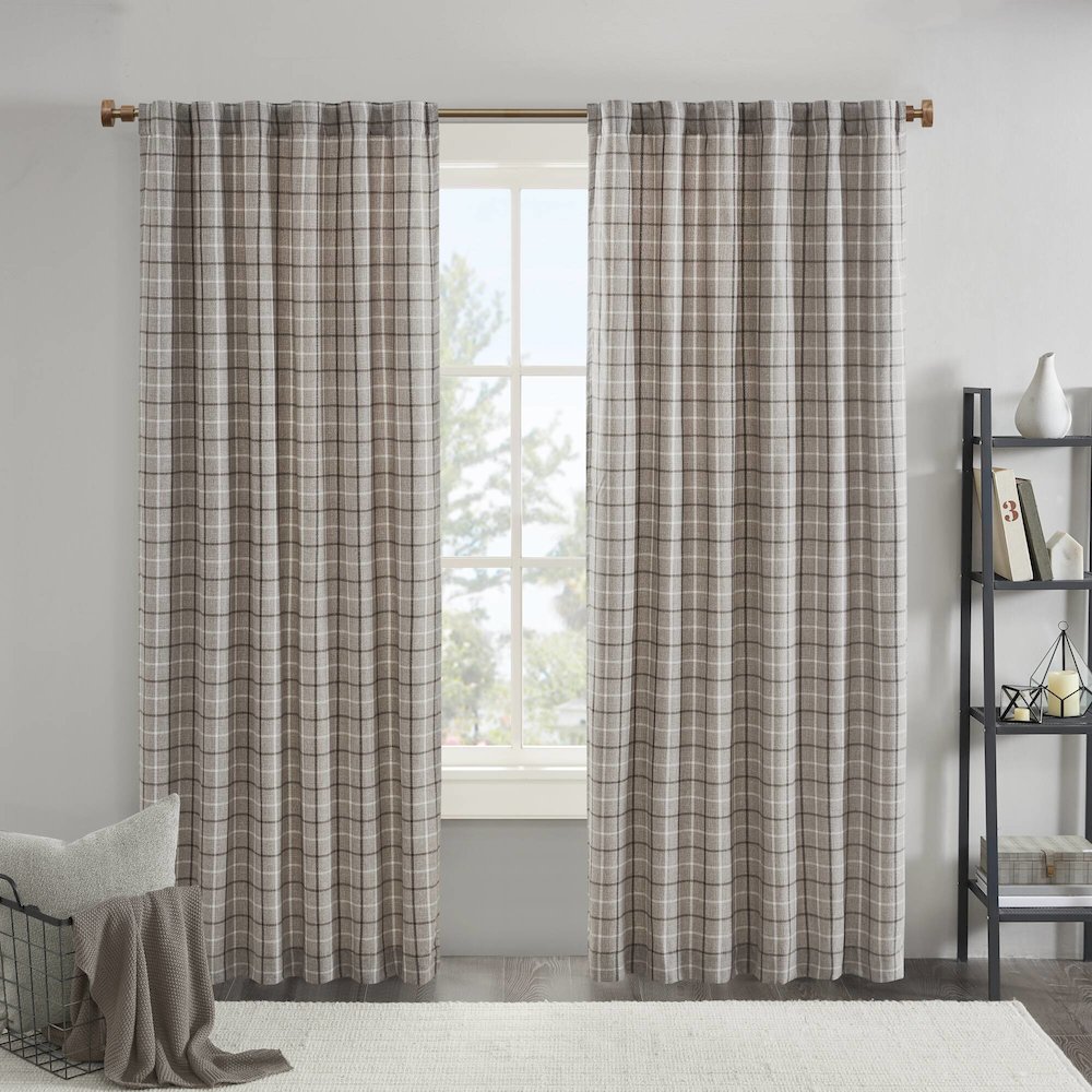 Plaid Rod Pocket and Back Tab Curtain Panel with Fleece Lining. Picture 2