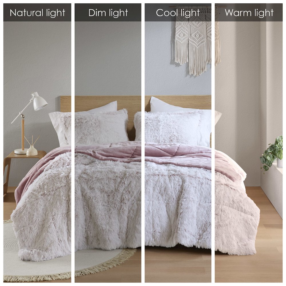 Malea Shaggy Faux Fur Comforter Mini Set in Pink/White Color. Picture 4