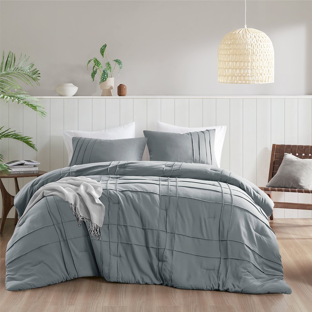 Porter Soft Washed Pleated Comforter Set, Blue/Grey color. Picture 1