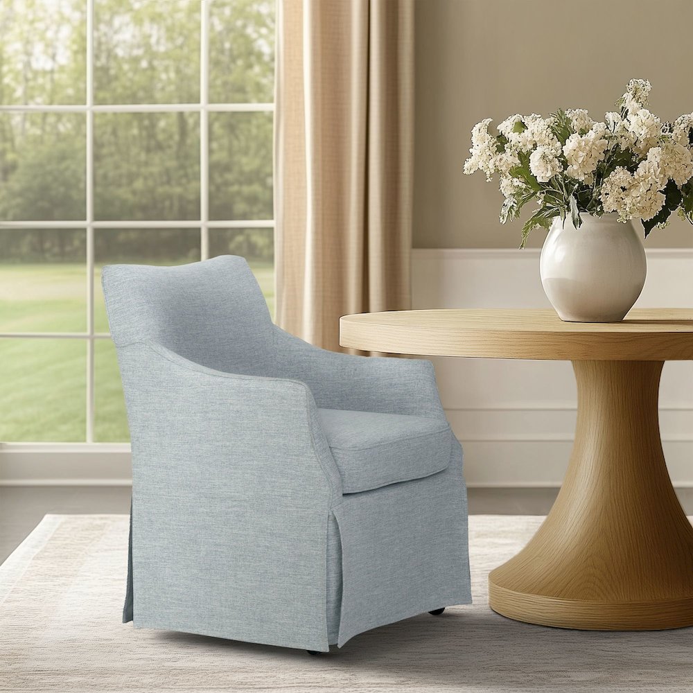 Upholstered Skirted Dining Arm Chair with Hidden Casters. Picture 2