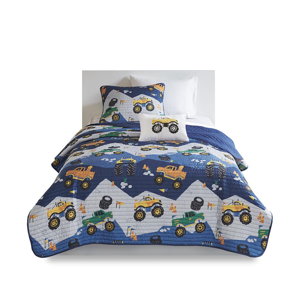 Monster Truck Reversible Quilt Set with Throw Pillow. Picture 3