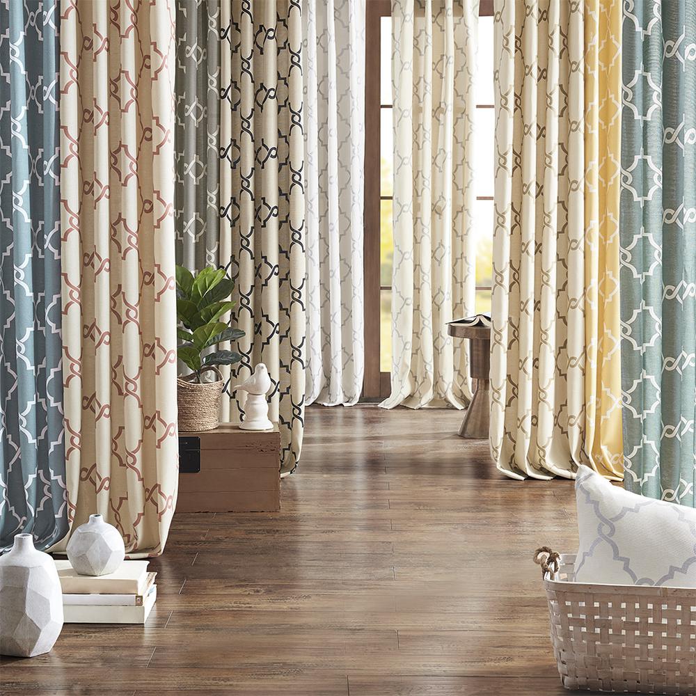 Fretwork Print Grommet Top Window Curtain Panel. Picture 1