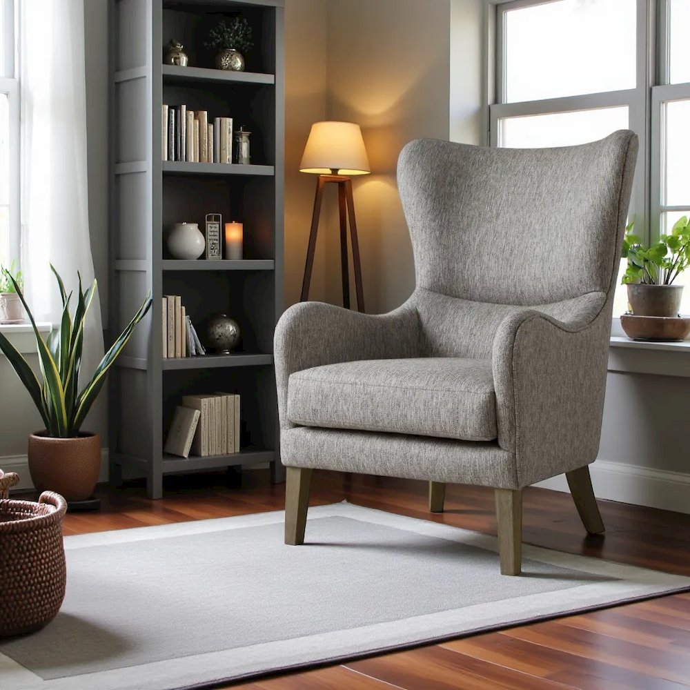 Gray Wingback Chair with Birch Wood Legs – Elegant Living Room Recliner. Picture 2