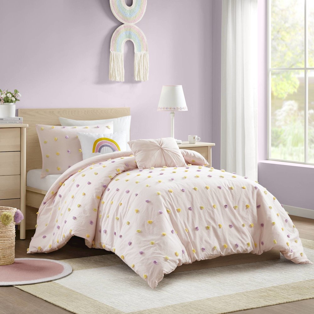 Callie Cotton Jacquard Pom Pom Comforter Set, Pink Multi color. Picture 1