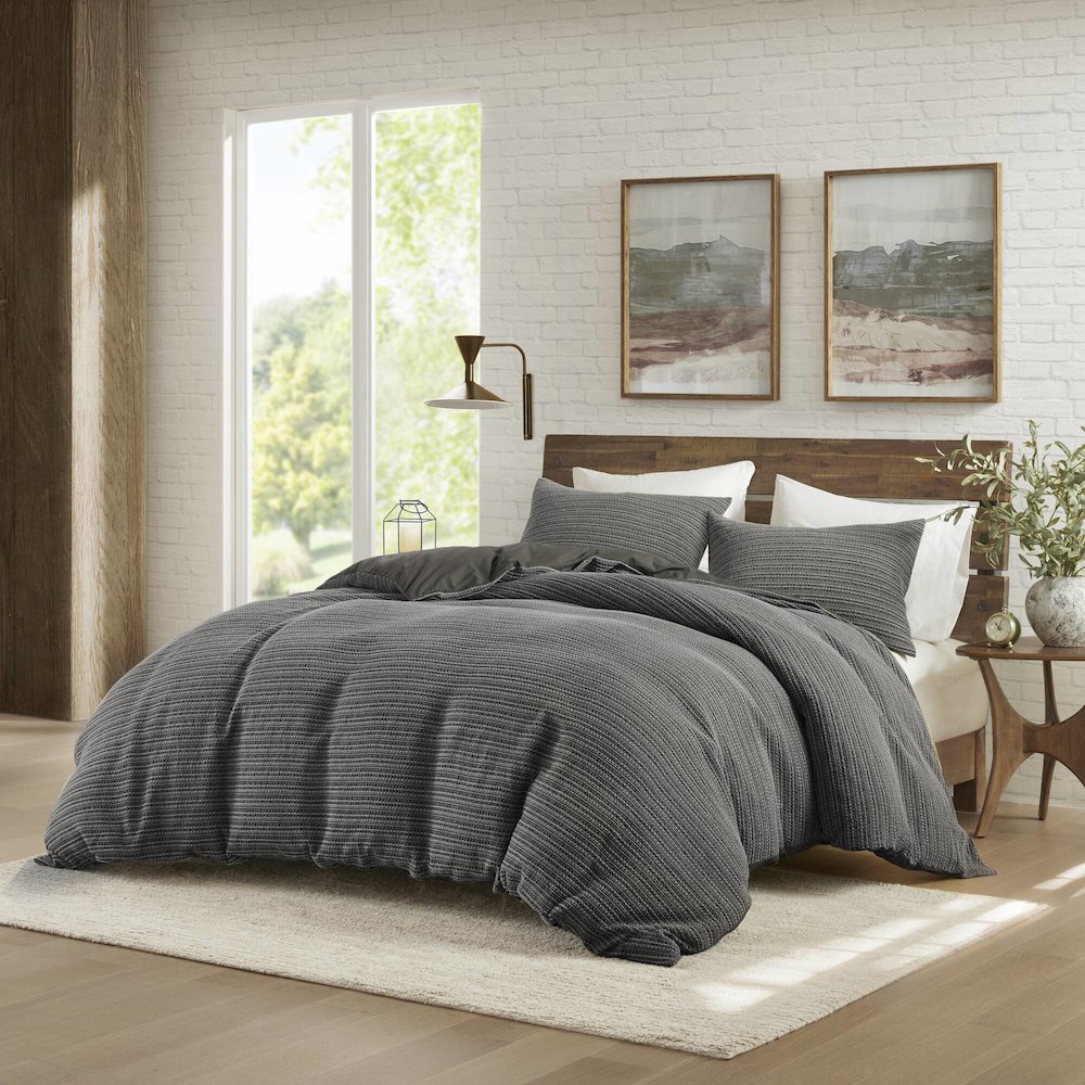 Lyon Waffle Washed Duvet Set, Charcoal color. Picture 2