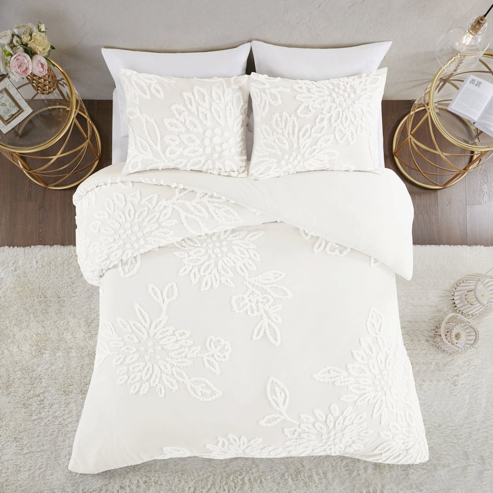3 Piece Tufted Cotton Chenille Floral Duvet Cover Set. Picture 4
