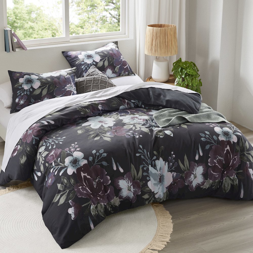 Jolene 3 Piece Cotton Duvet Cover Set, Dark Grey/Plum color. Picture 5