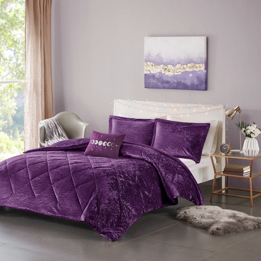 Felicia Velvet Comforter Set with Throw Pillow, Purple color. Picture 1