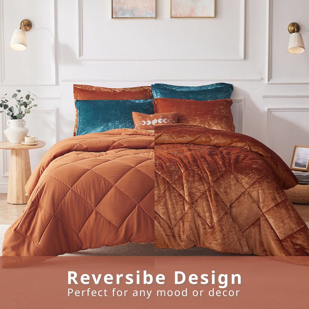 Felicia Velvet Duvet Cover Set with Throw Pillow in Rust Color. Picture 4