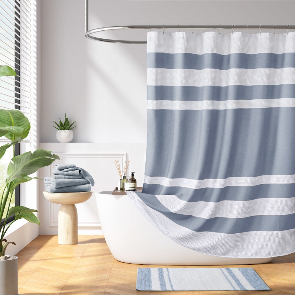 Spa Waffle Shower Curtain with 3M Treatment in Navy Color. Picture 1