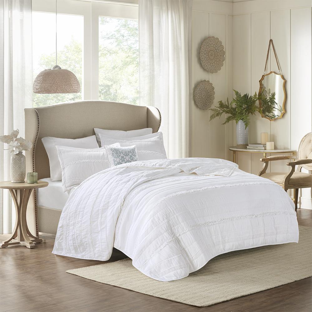 4 Piece Microfiber Reversible Ruffle Quilt Set with Throw Pillow. Picture 4