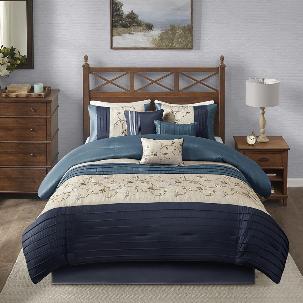 Serene Embroidered 7 Piece Comforter Set, Navy color. Picture 3