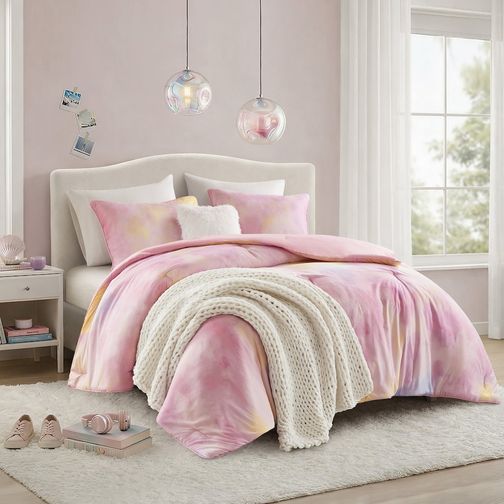 Cassiopeia Watercolor Tie Dye Printed Comforter Set with Throw Pillow. Picture 5