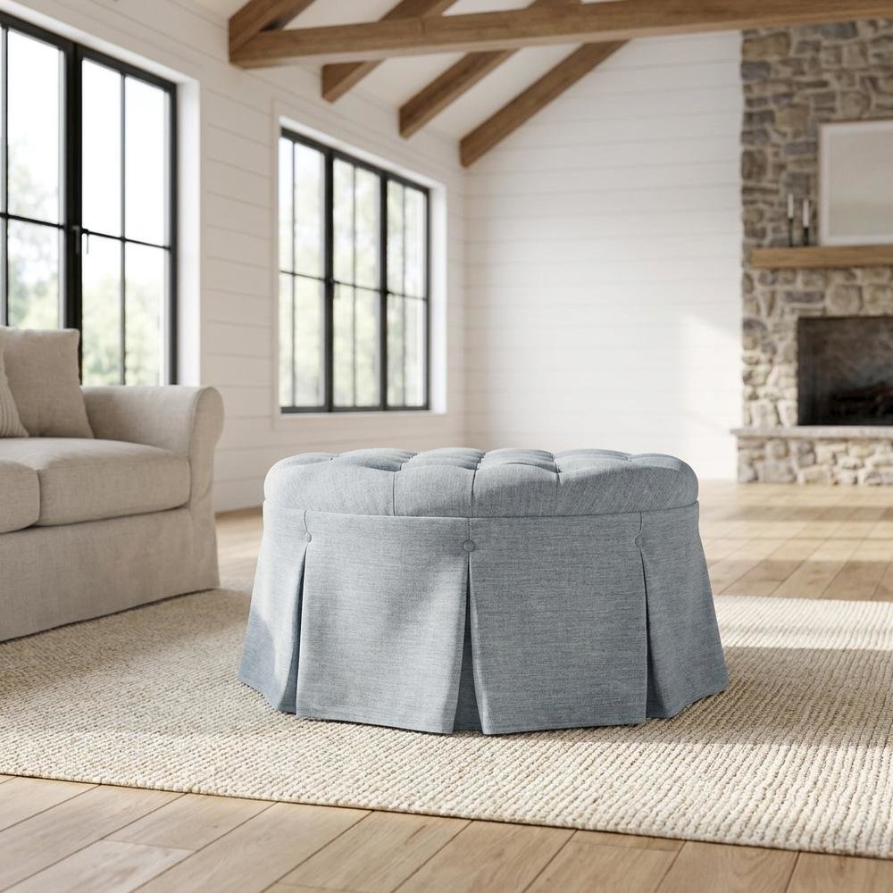 Light Blue Tufted Round Ottoman, Skirted Seat for Bedroom. Picture 2
