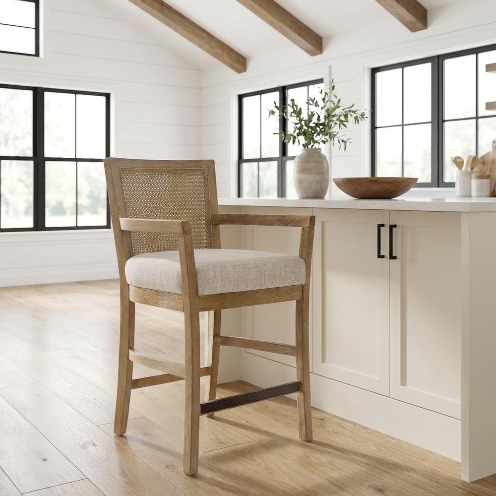 Solid Wood Frame Cane Back Counter Stool with Woven Detail. Picture 2