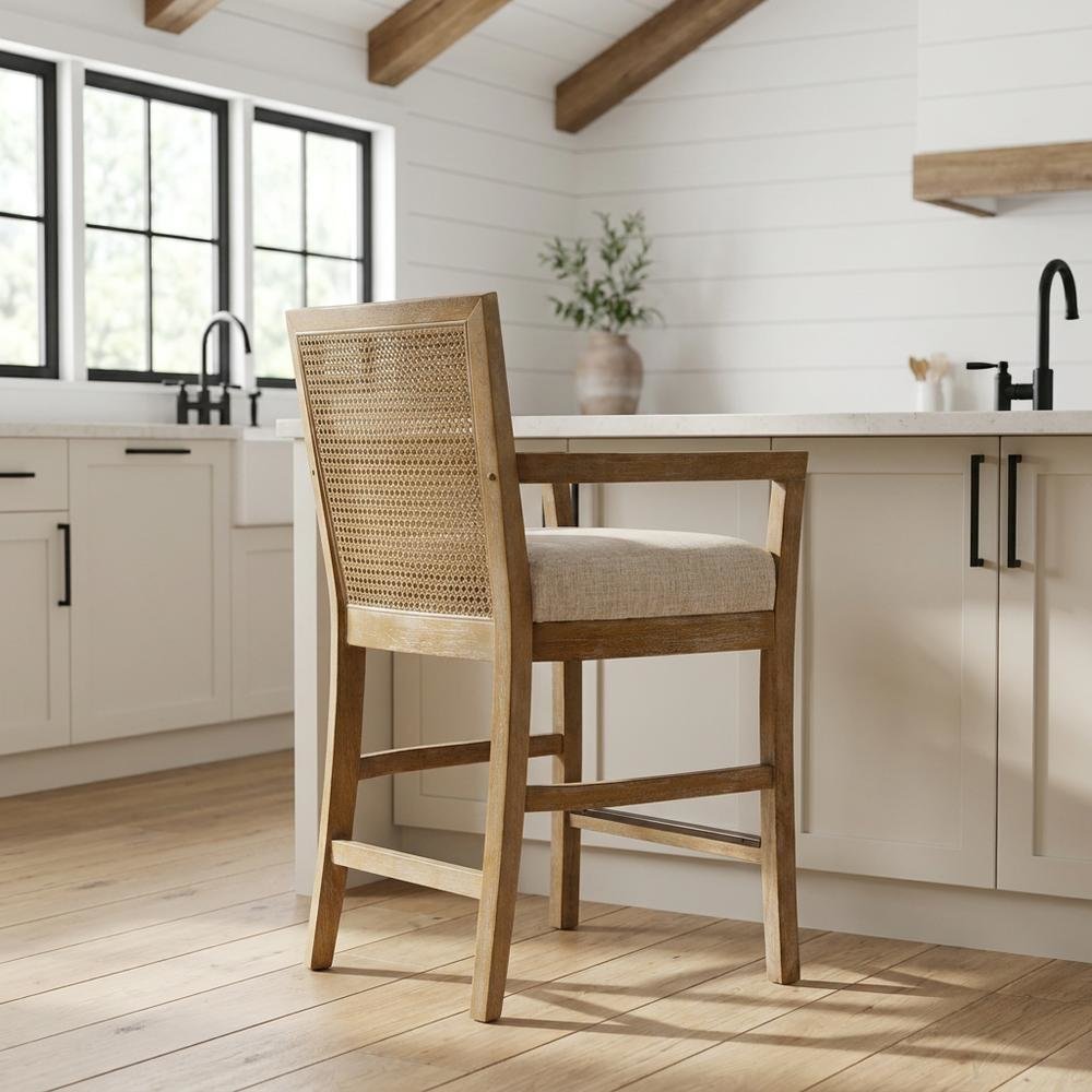 Solid Wood Frame Cane Back Counter Stool with Woven Detail. Picture 4