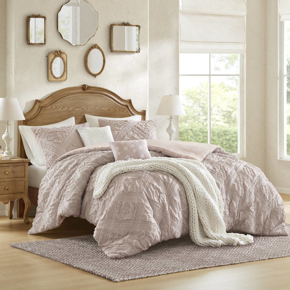 Mona 5 Piece Sculpted jacquard comforter set, Pink color. Picture 5