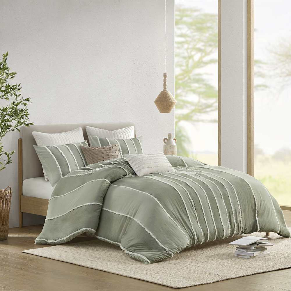 Shay 3 Piece Striped Cotton Duvet Cover Set, Sage color. Picture 1