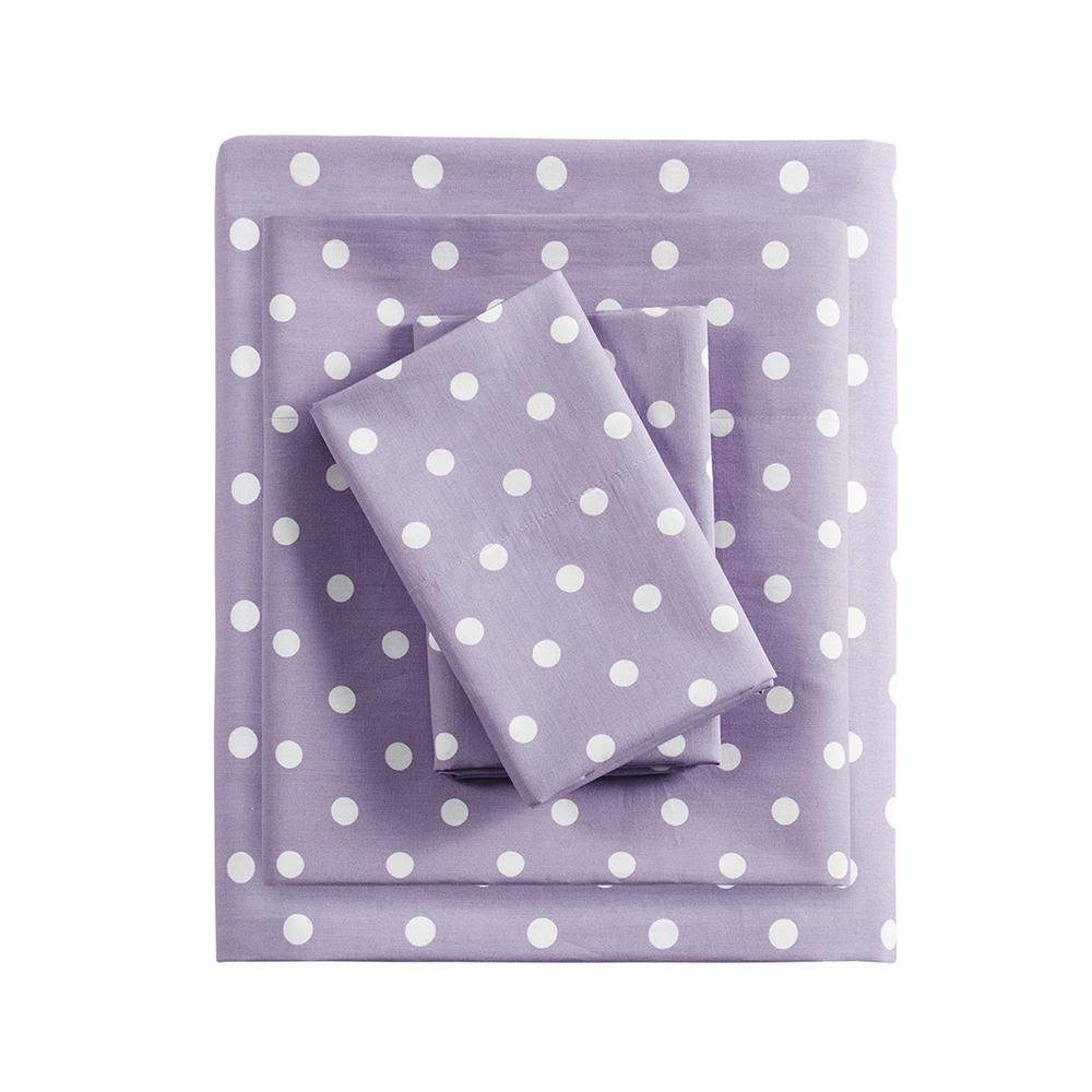 Polka Dot Printed 100% Cotton Sheet Set, Purple color. Picture 2