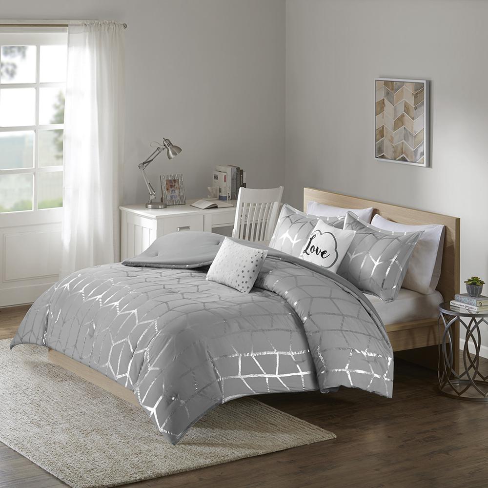 Raina Metallic Printed Comforter Set, Grey/Silver color. Picture 4