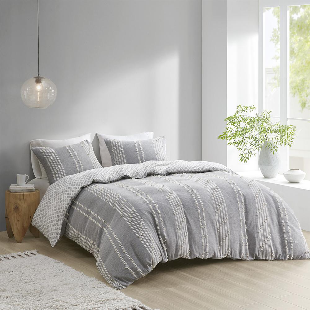 Kara 3 Piece Cotton Jacquard Duvet Cover Set, Gray color. Picture 3