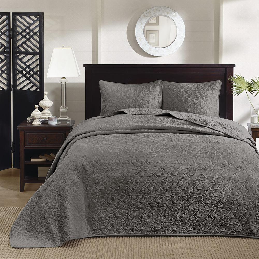 Quebec 3 Piece Reversible Bedspread Set, Dark Grey color. Picture 1