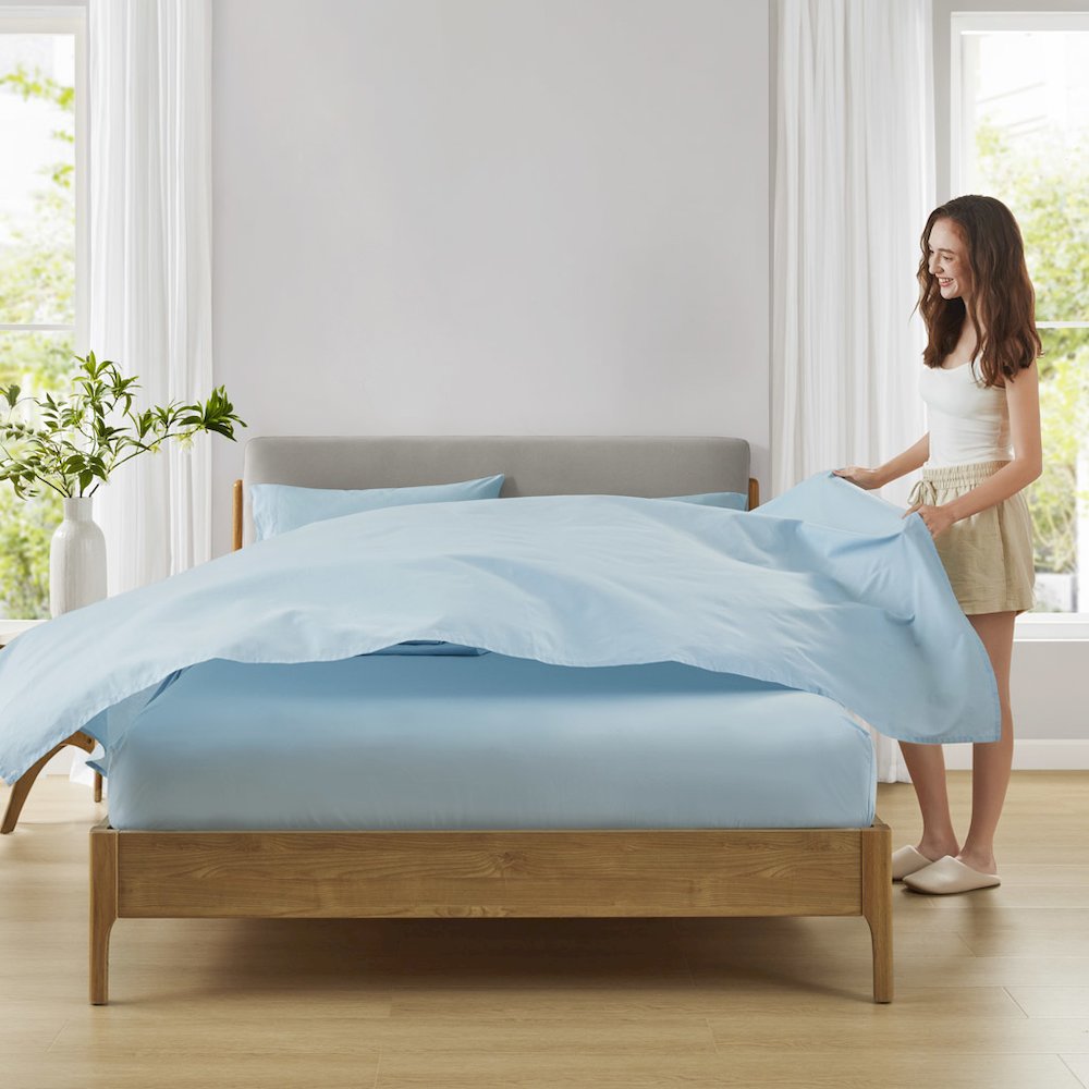 Cotton 144TC 100% Cotton Solid Sheet Set, Light Blue color. Picture 4