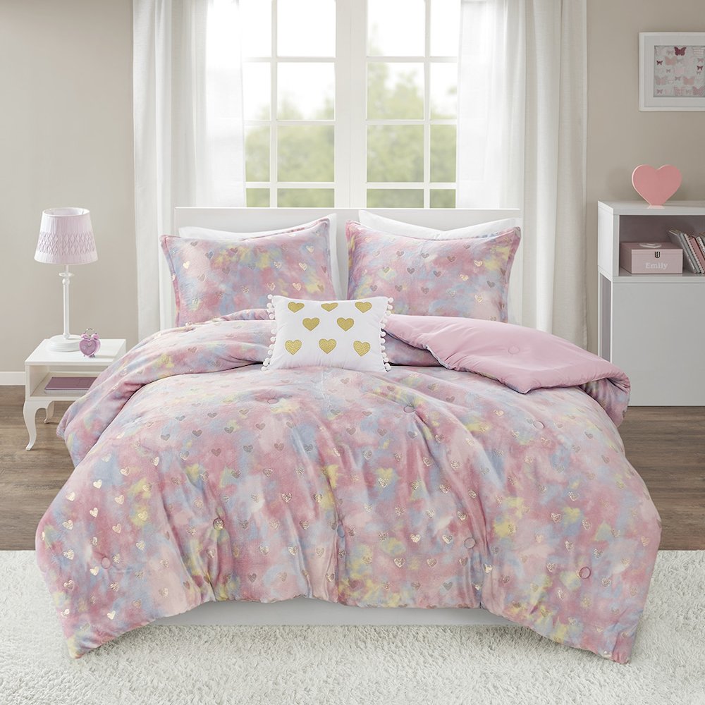 Metallic Printed Plush Comforter Set with Throw Pillow in Pink Multi/Gold Color. Picture 2
