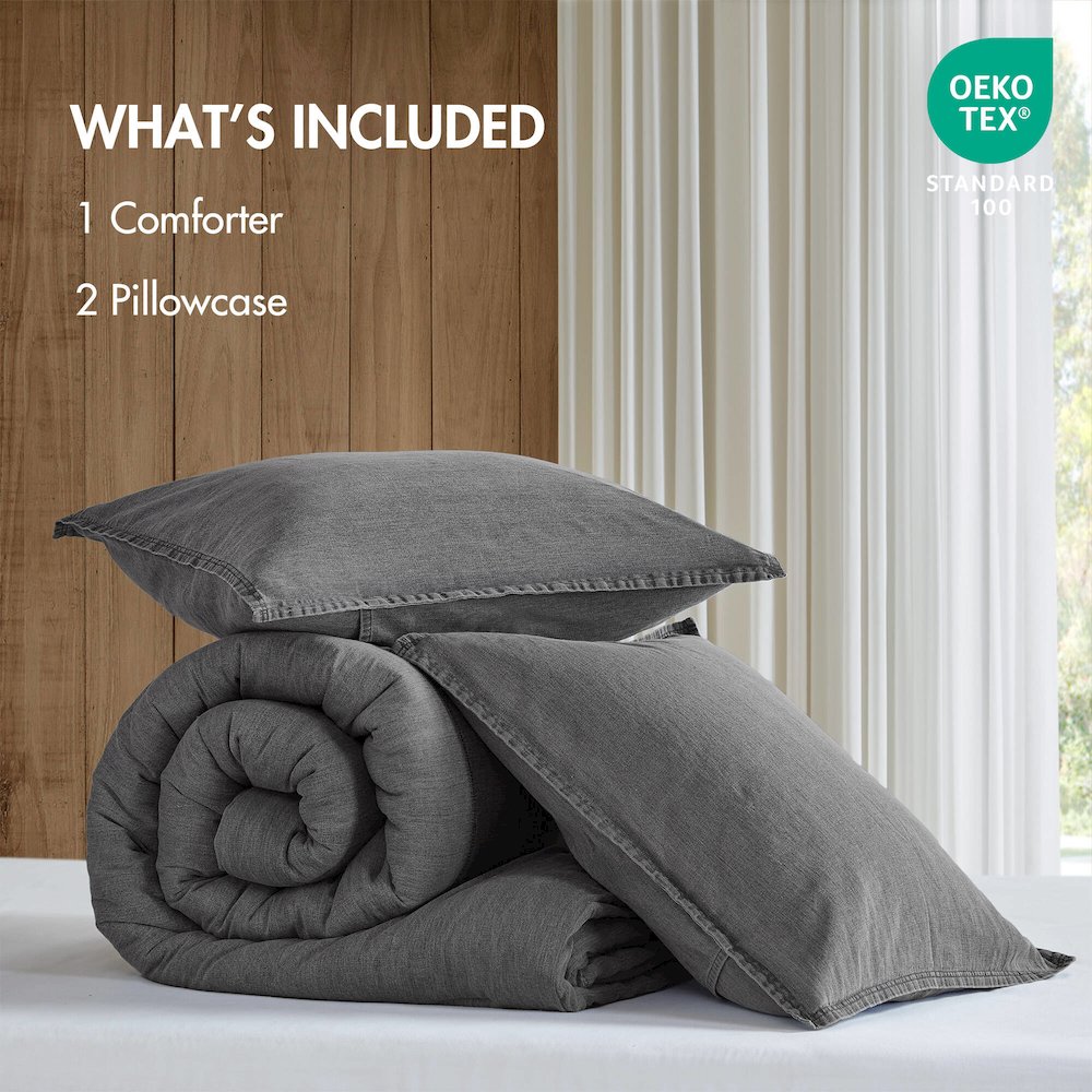 Hudson Twill Washed Comforter Set, Grey color. Picture 3
