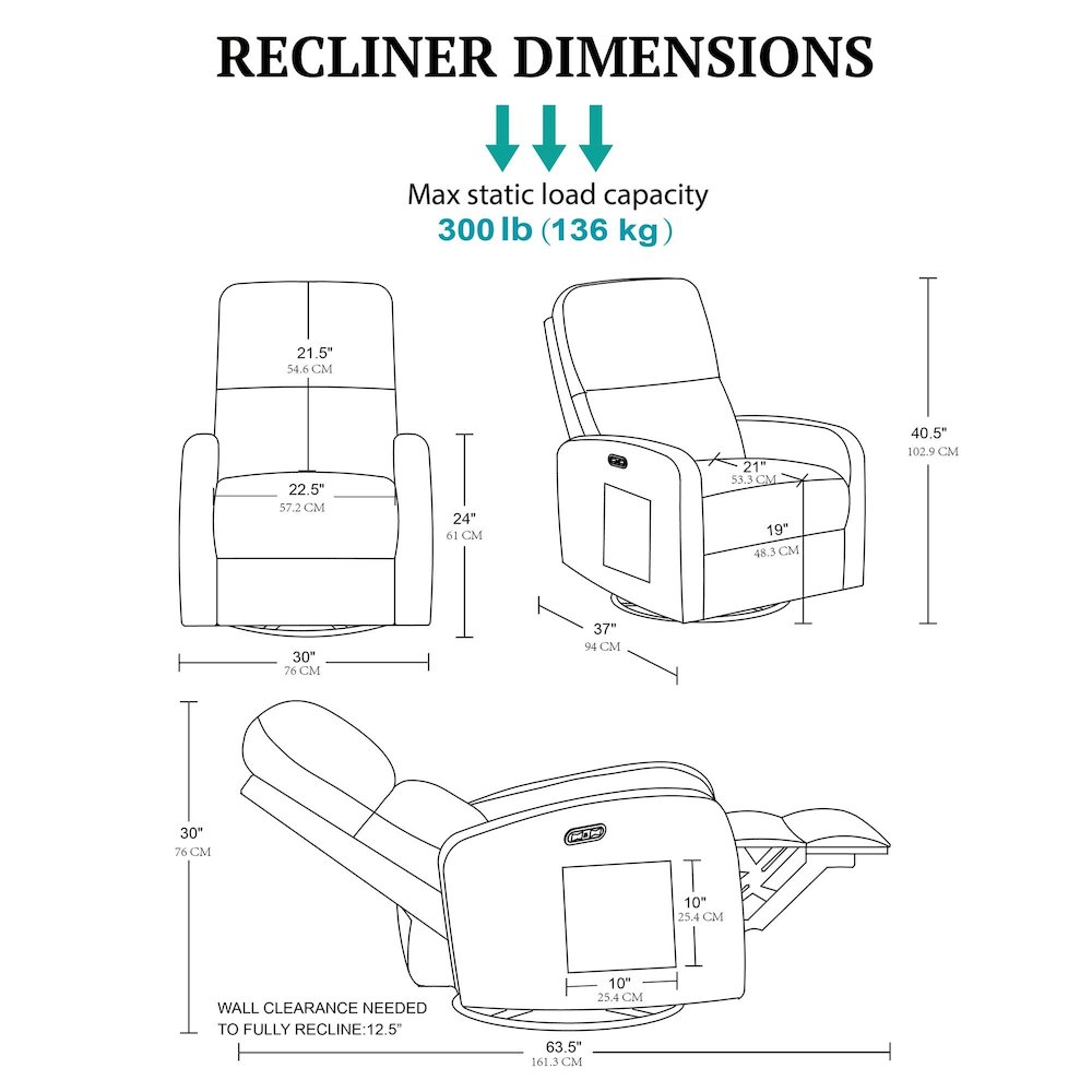 Dakota Power Recliner 3-in-1 with Swivel, Glider, Charging Station. Picture 4