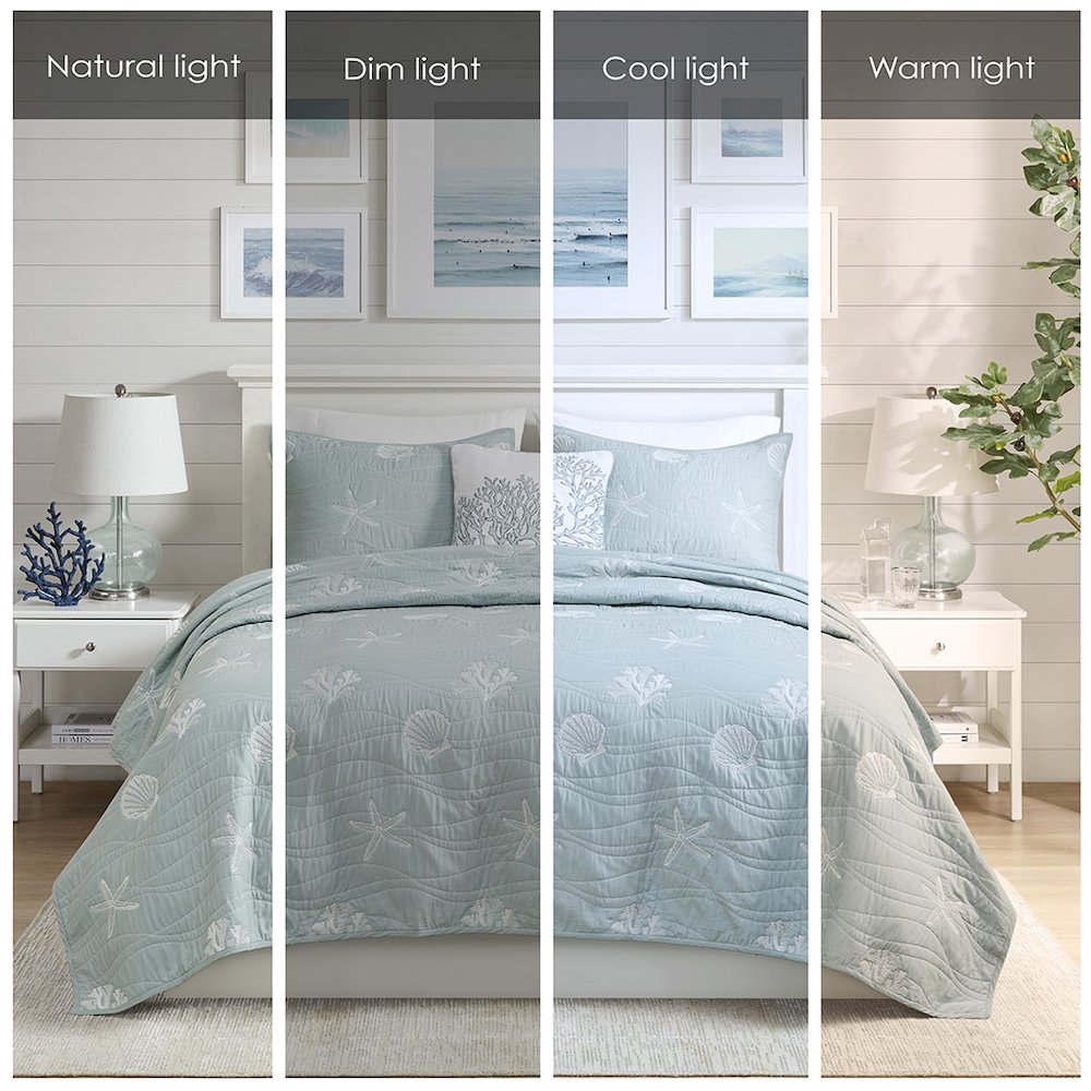 4 Piece Cotton Reversible Embroidered Quilt Set with Throw Pillow. Picture 1