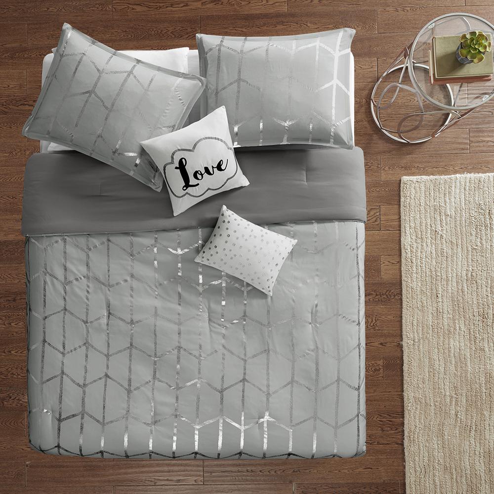 Raina Metallic Printed Comforter Set, Grey/Silver color. Picture 1