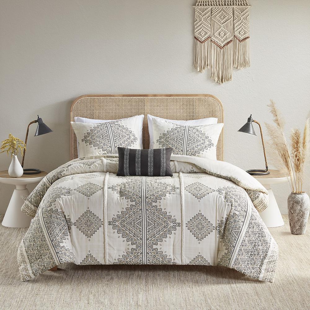4 Piece Printed Comforter Set with Throw Pillow. Picture 1