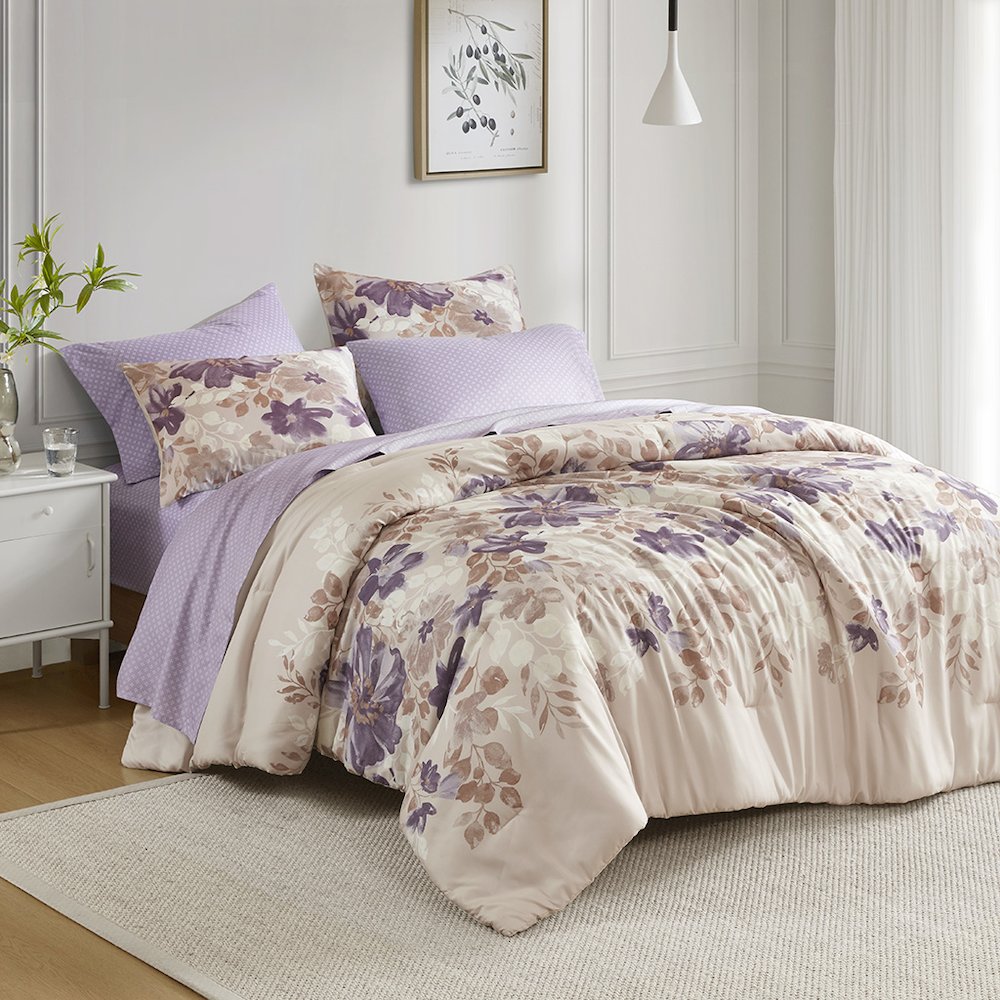 Luna Floral Comforter Set with Bed Sheets, Taupe color. Picture 1