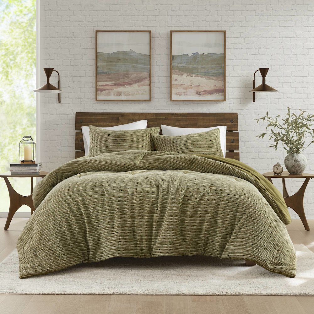 Lyon Waffle Washed Comforter Set, Green color. Picture 4