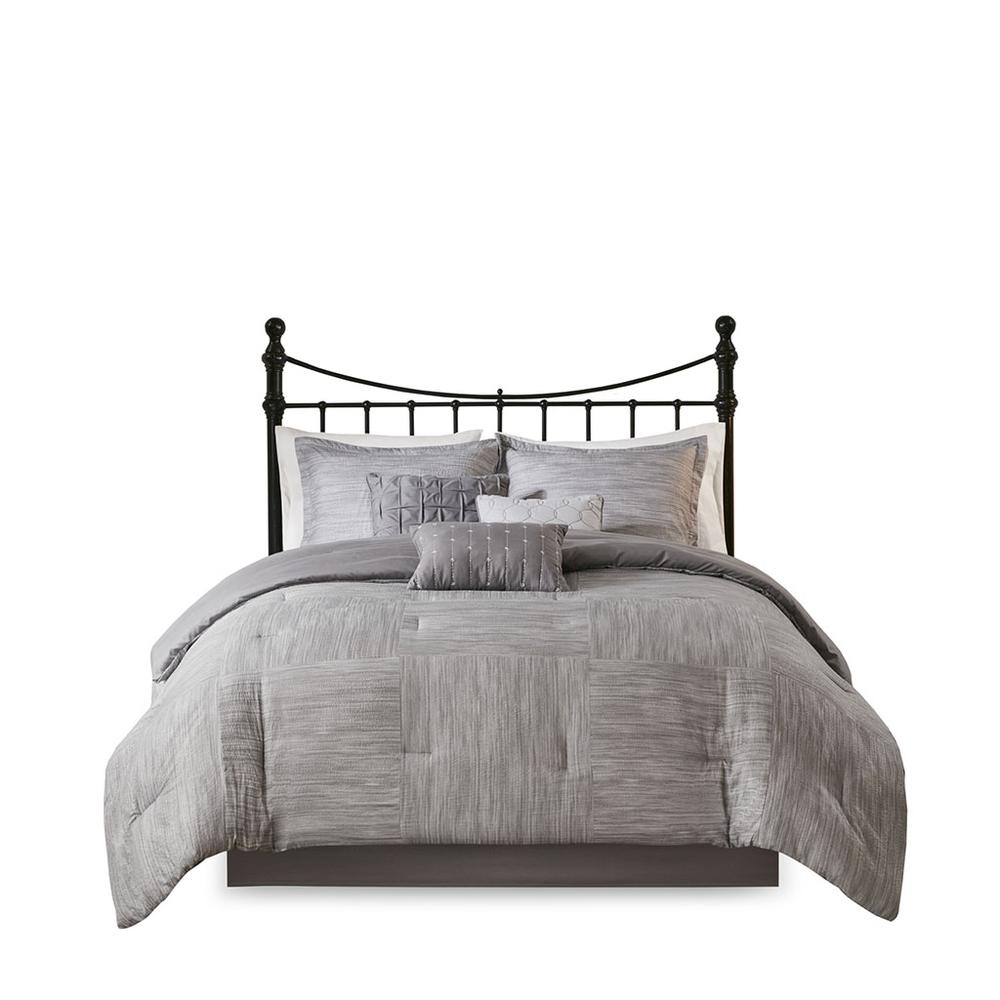Walter 7 Piece Printed Seersucker Comforter Set, Grey color. Picture 1