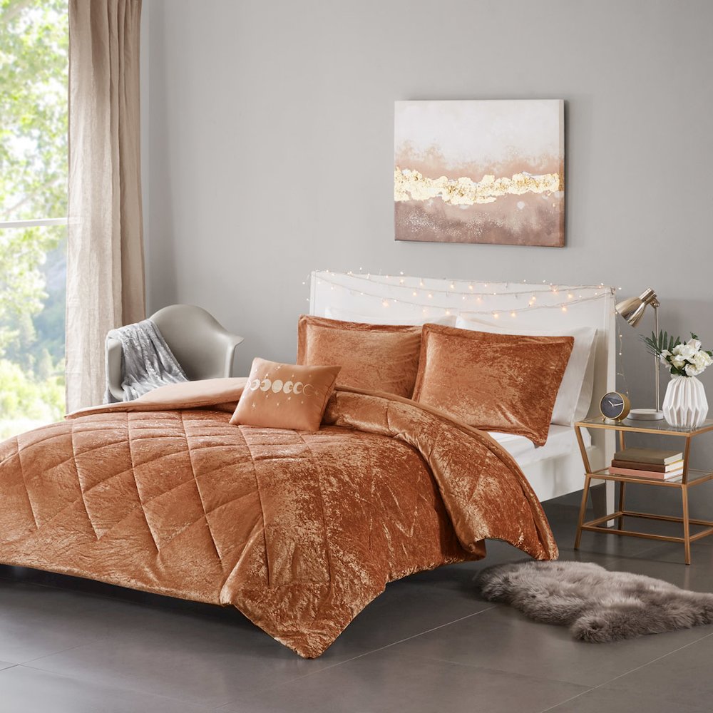 Felicia Velvet Duvet Cover Set with Throw Pillow in Rust Color. Picture 1