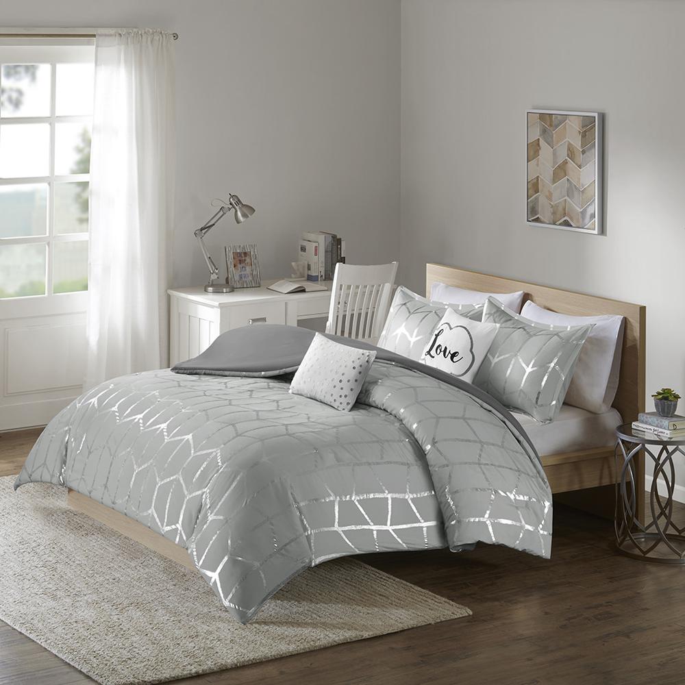 Raina Metallic Printed Duvet Cover Set, Grey/Silver color. Picture 4