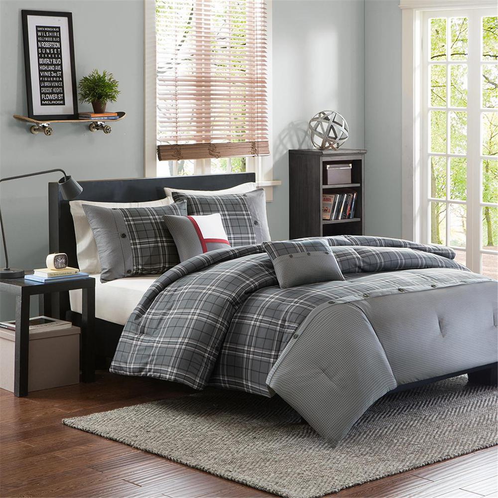 Grey Plaid Printed Peach Skin Comforter Set, Belen Kox. Picture 1