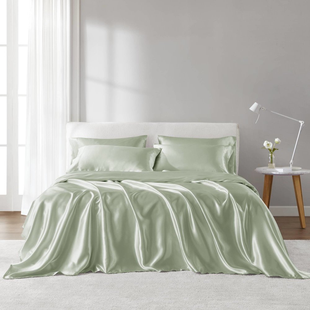 Satin Luxury Sheet Set in Sage. Picture 1