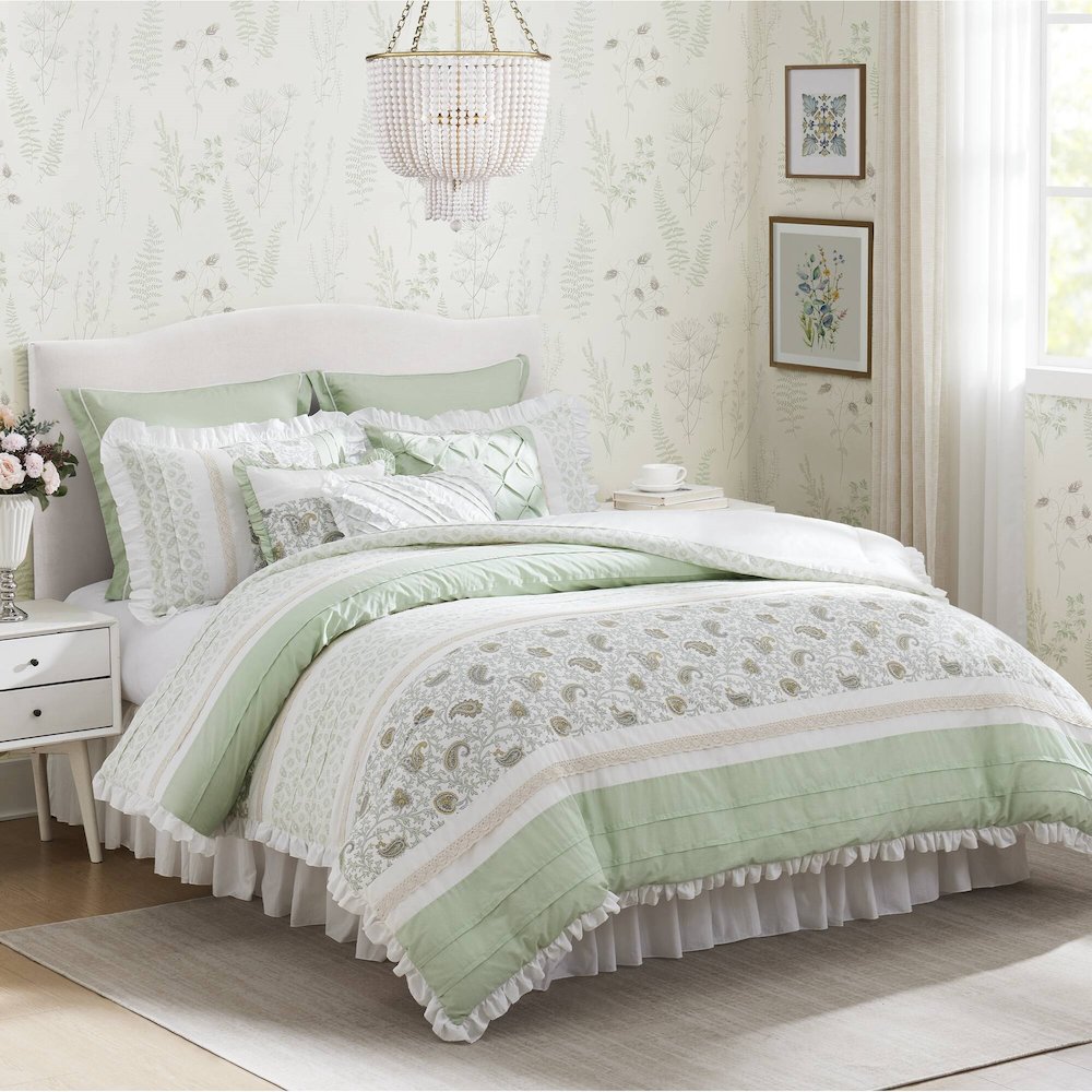 Dawn 9 Piece Cotton Percale Comforter Set, Sage Green color. Picture 5