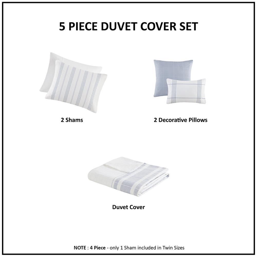 Morgan 5 Piece Cotton Jaquard Duvet Set, White/Blue color. Picture 5