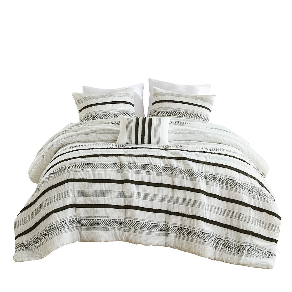 Carolina 7 Piece Stripe Comforter and Quilt Set, Black color. Picture 1