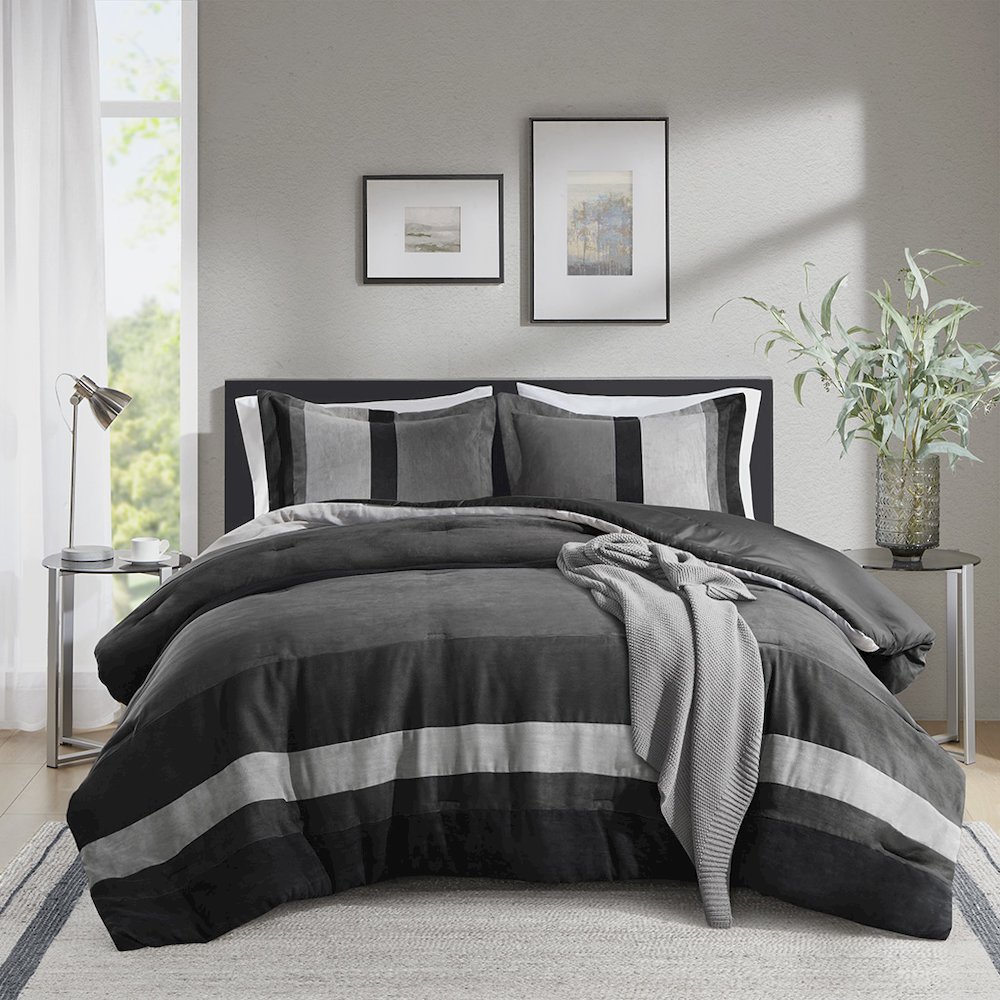 Boulder Stripe Pieced Faux Suede Comforter Set, Black color. Picture 1