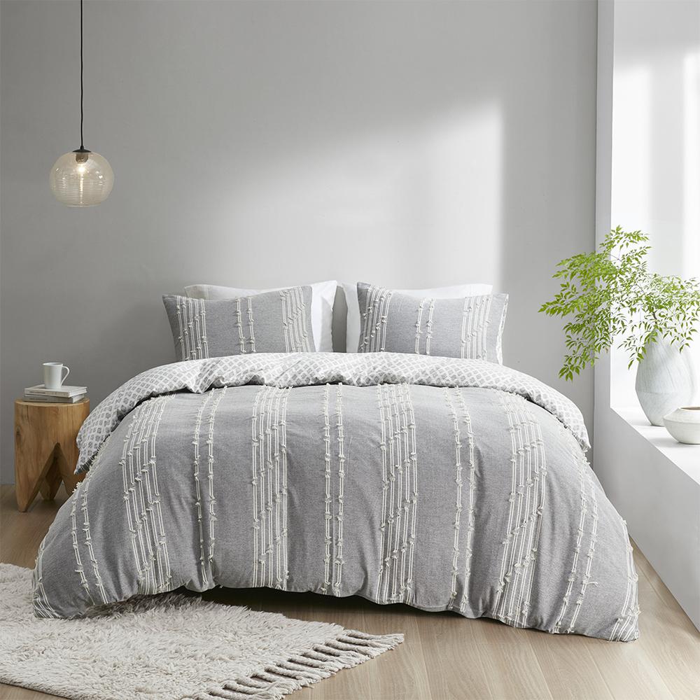 Kara 3 Piece Cotton Jacquard Duvet Cover Set, Gray color. Picture 5