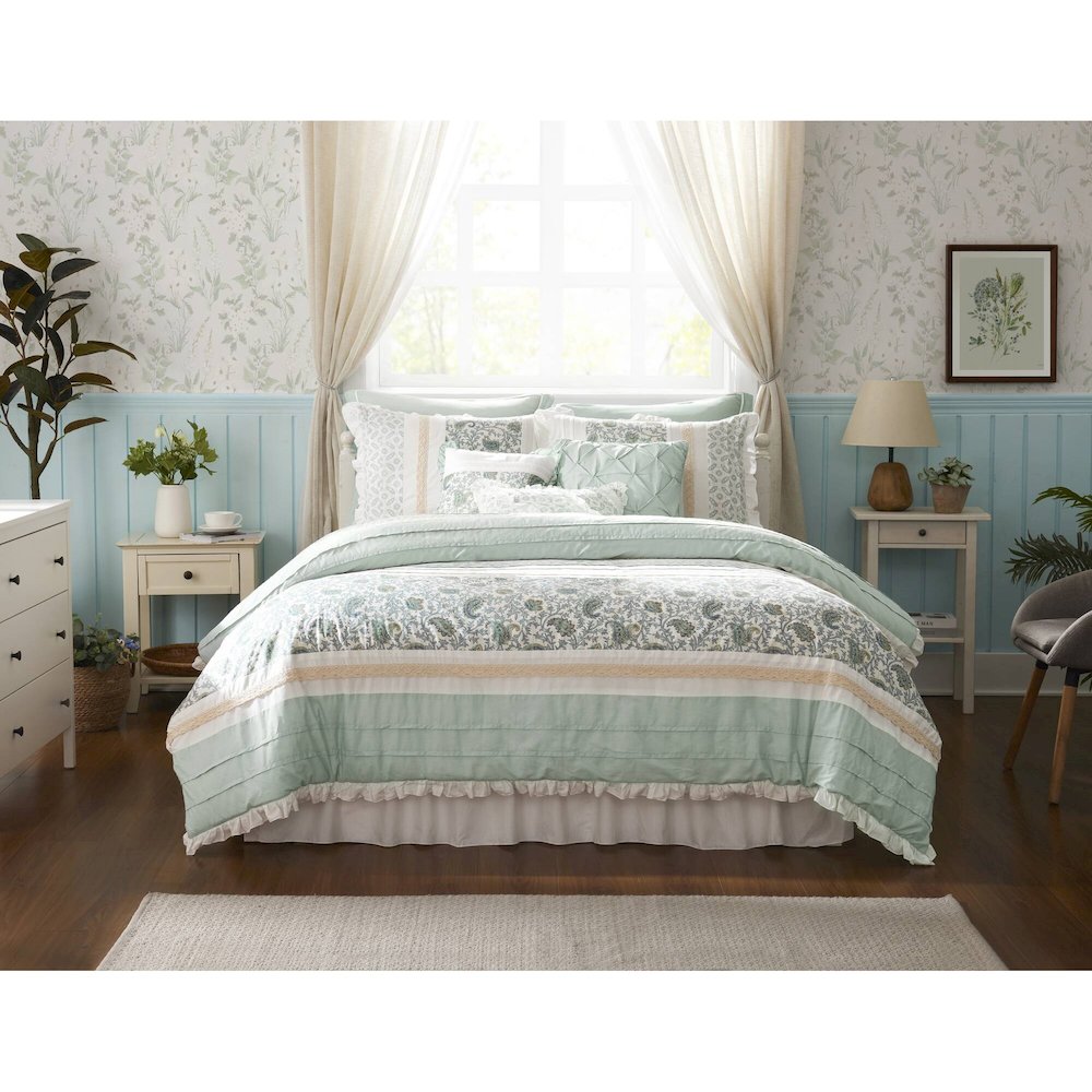 Dawn 9 Piece Cotton Percale Comforter Set, Aqua color. Picture 4